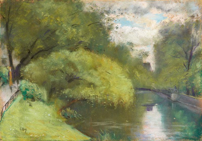 Pintura al óleo de Lesser Ury que representa un canal con árboles y reflejos