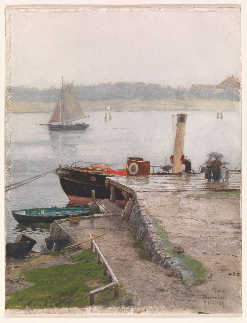 Jetty, Travemünde de Hans Gude, pintura a óleo que retrata um cais de madeira se estendendo em uma baía.