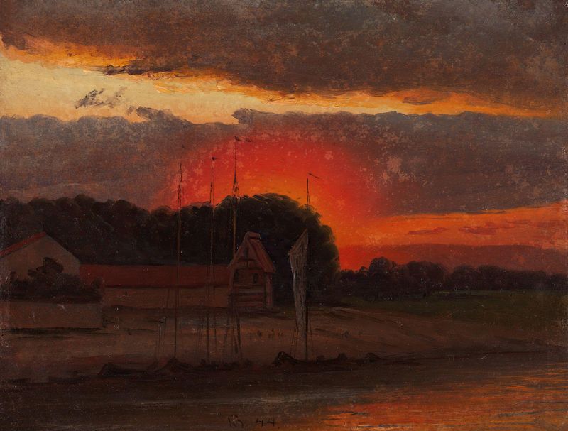 El Elba al Atardecer de Knud Baade, óleo sobre lienzo que representa un río sereno al anochecer.