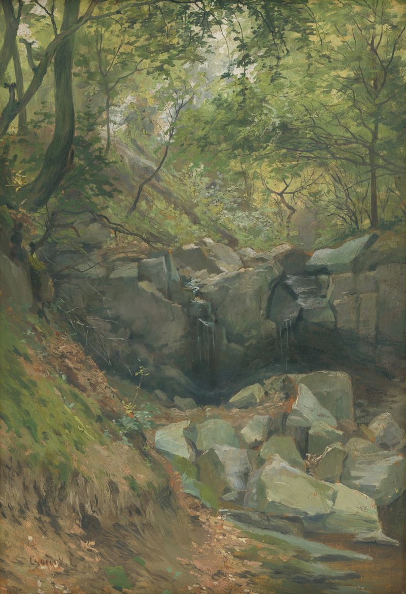 Forest stream de Ľudovít Čordák, óleo sobre lienzo que representa un paisaje tranquilo con agua fluyendo y vegetación exub...