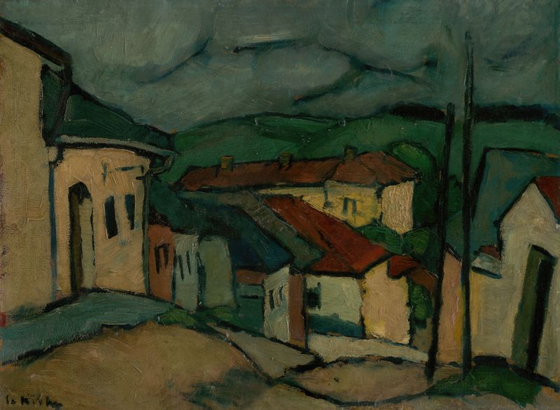 Architecture scene with gold tones, oil on canvas by Gejza Schiller