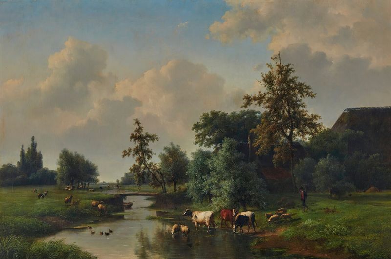 Animais de fazenda perto de um riacho, óleo sobre tela de Eugène Joseph Verboeckhoven