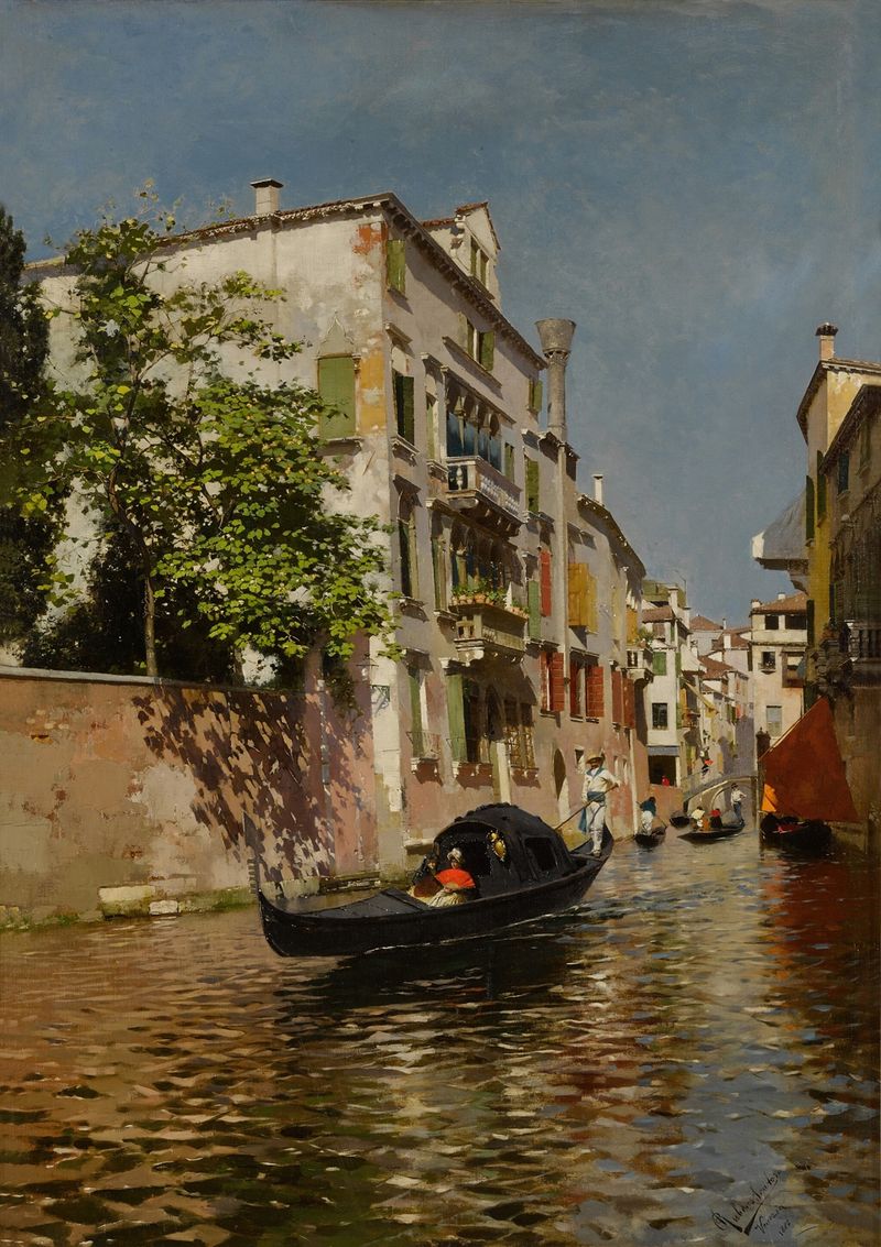 A Venetian Canal by Rubens Santoro, oil on canvas depicting reflections of buildings in water