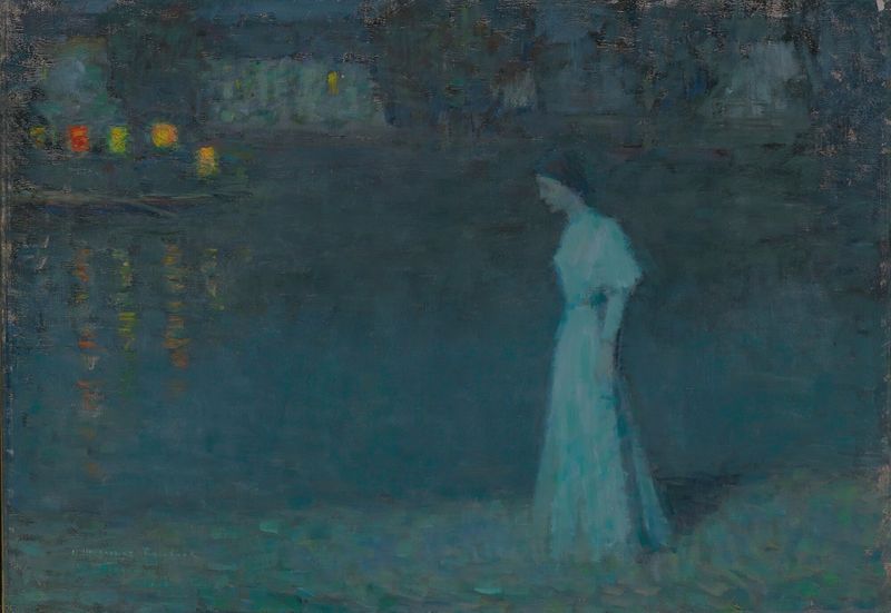 Cena interior com uma jovem e flores, óleo sobre tela de Henri Le Sidaner