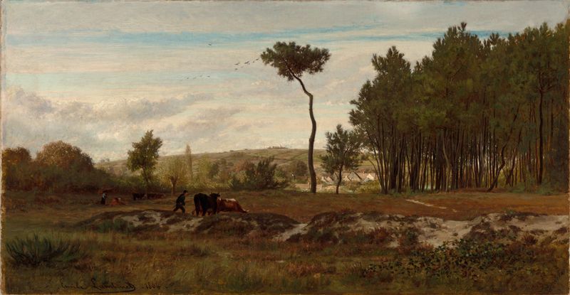 Cows grazing in a landscape, oil on canvas by Emile Charles Lambinet
