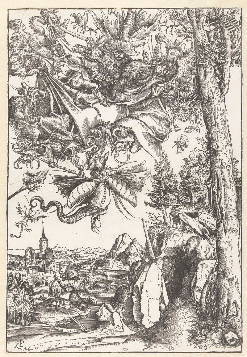Cena religiosa com Santo Antônio e demônios, papel de Lucas Cranach