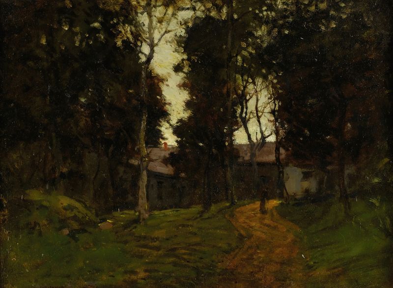 The Old Inn by Paul Cornoyer, an impressionist oil painting depicting a rustic inn in soft light.