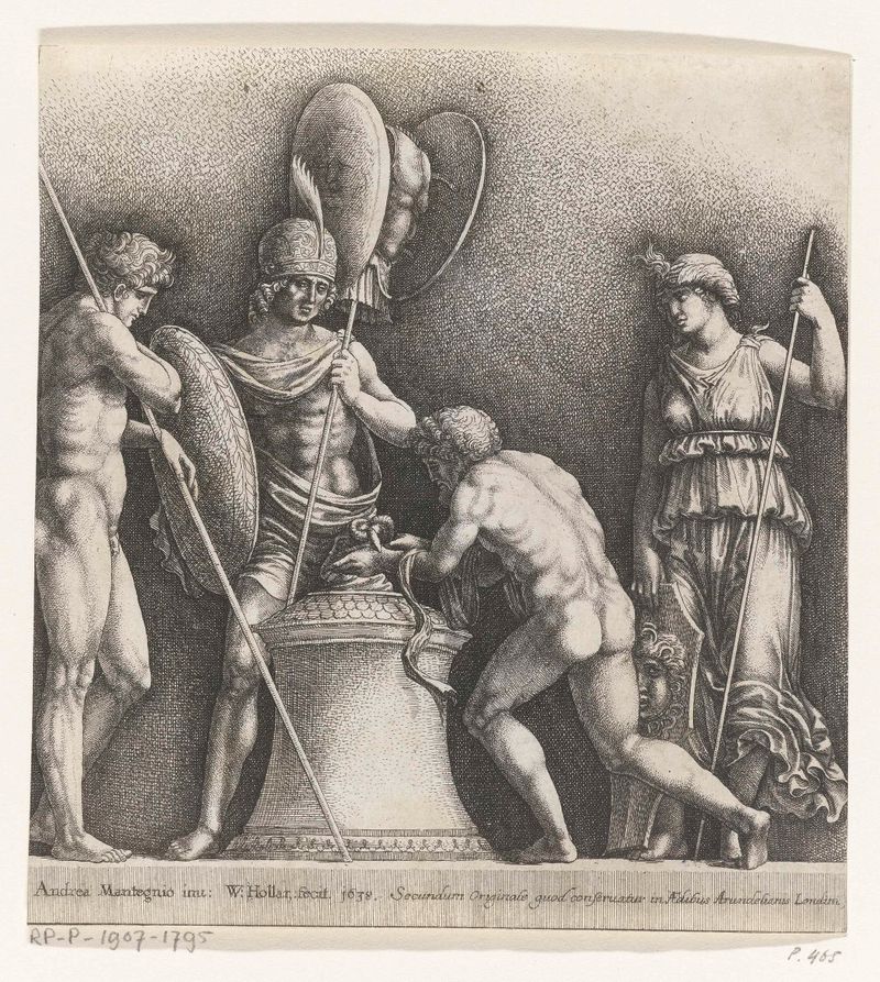 Gravura de Wenceslaus Hollar com figuras clássicas ao redor de um altar