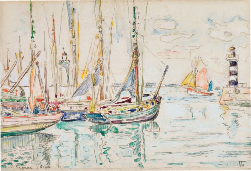 Groix de Paul Signac, pintura al óleo que representa un paisaje costero con luz del sol reflejando en el agua.