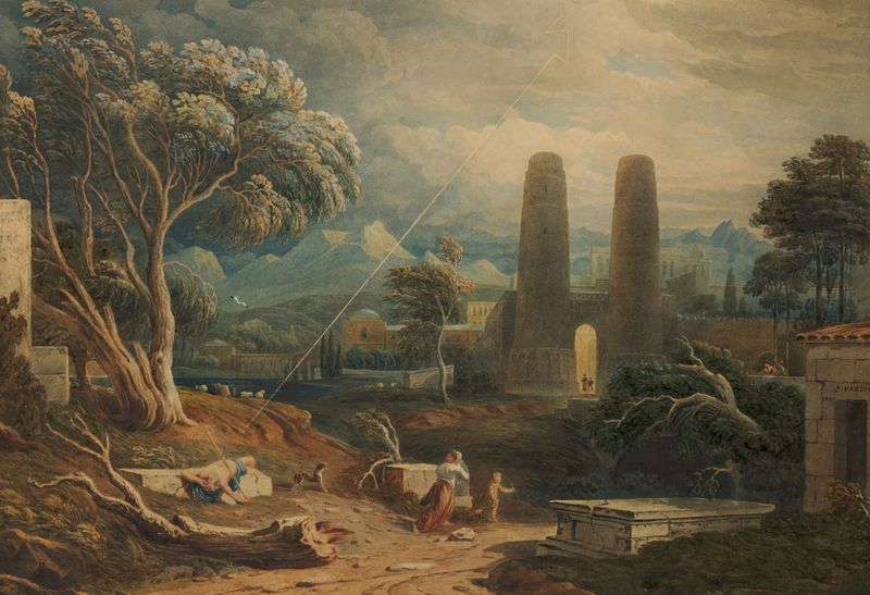 A Thunder Storm by John Varley, oil painting depicting dark clouds and turbulent skies.