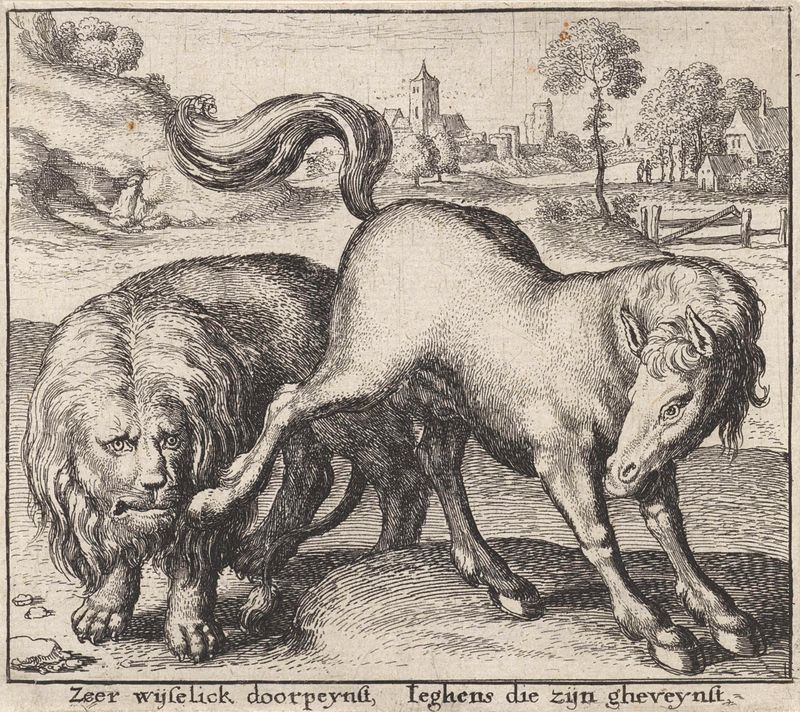 Gravura de Wenceslaus Hollar representando um leão e um garanhão em uma fábula