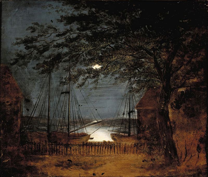 Havneparti Med Skibe I Måneskin, oil on canvas by F. M. E. Fabritius De Tengnagel, depicting a harbor at night.