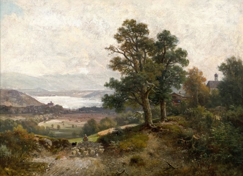 Landscape oil painting by Ludwig Sckell depicting a lake and sky reflection.