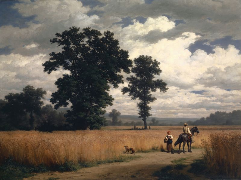 Cosecha de Grano de Robert Zünd, realismo, representando campos dorados y el ciclo de la naturaleza.