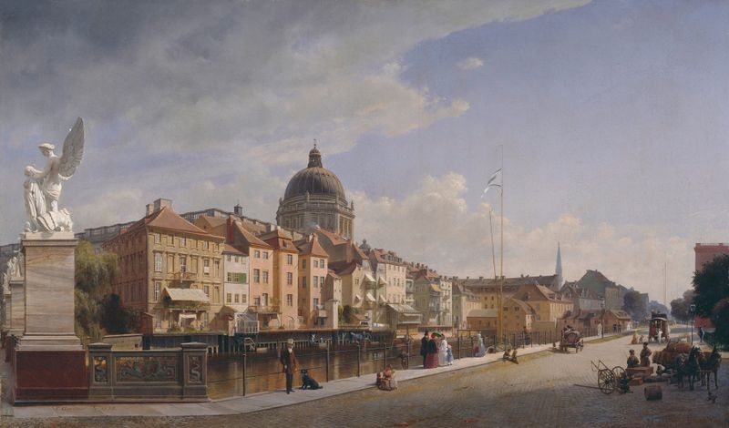 Rear view of houses along a cobblestone path, oil on canvas by Eduard Gaertner