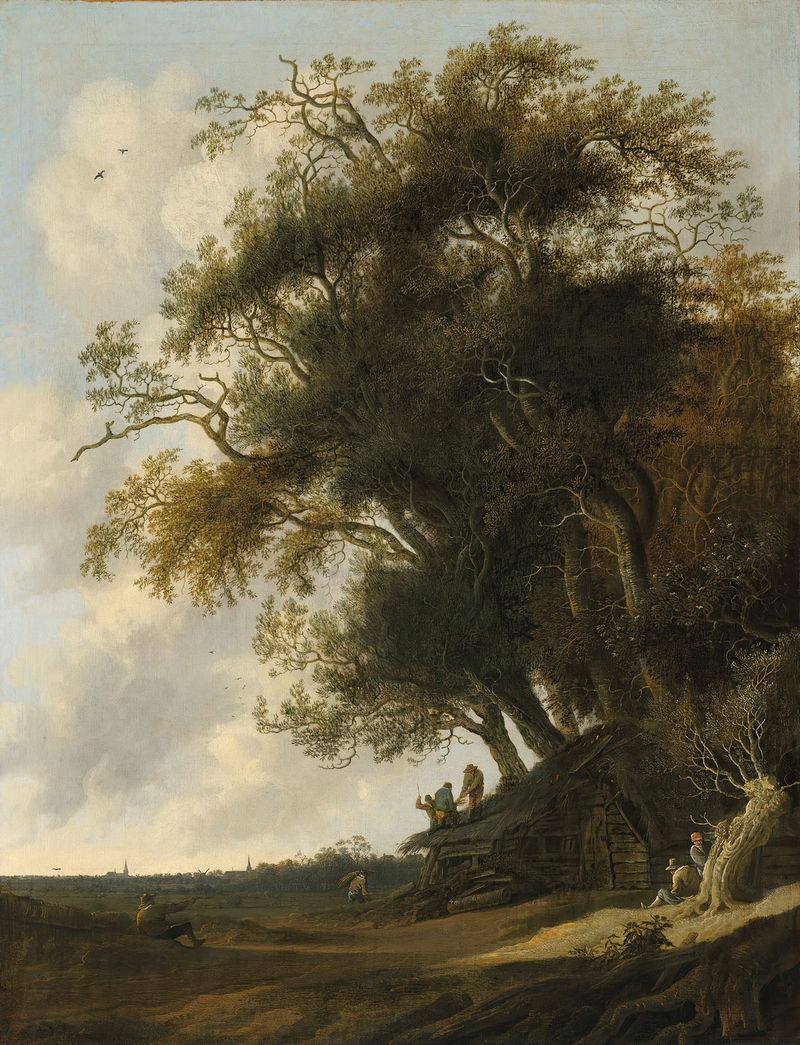 Thatchers mending a roof in a dune landscape, oil on canvas by Anthonie Jansz. van der Croos