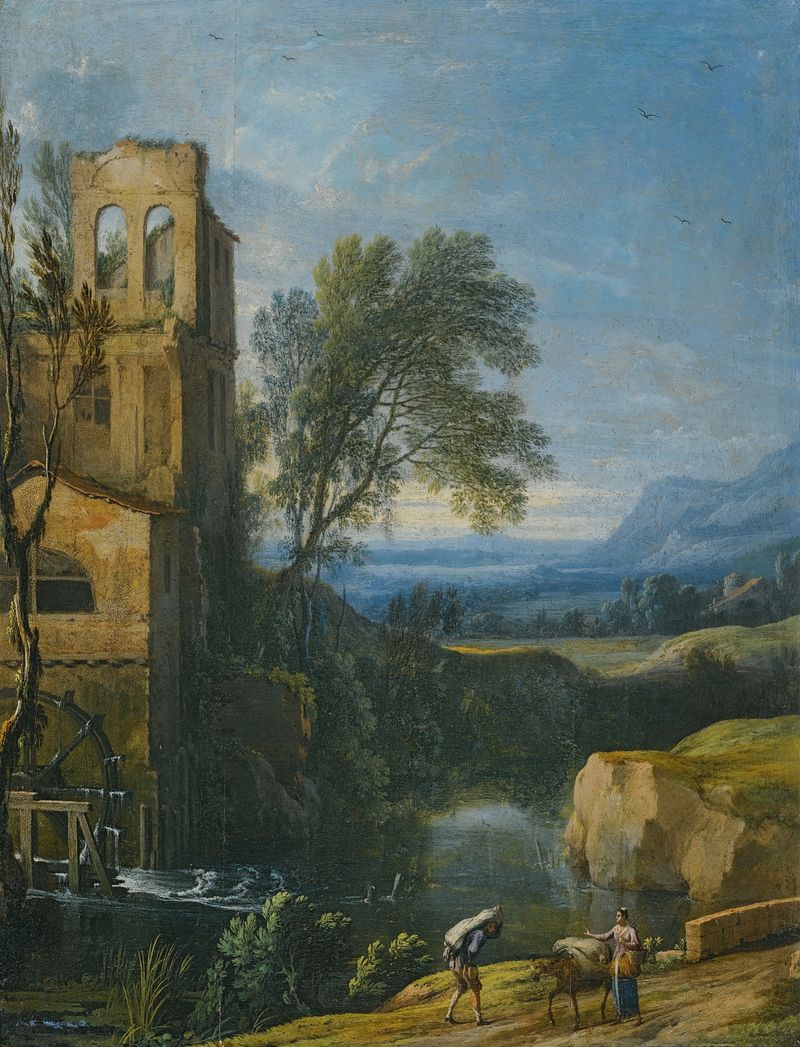 A river landscape with a watermill and figures with a donkey, oil on canvas by Pierre Antoine Patel the younger.
