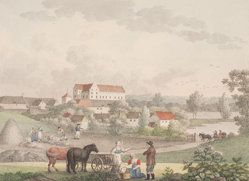 Gisselfeld by Søren L. Lange, oil painting depicting a serene landscape with water reflections.
