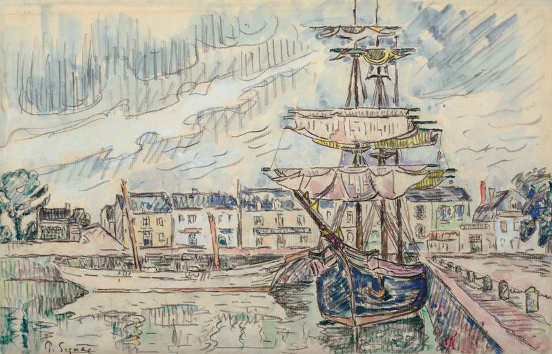 Goélettes à quai de Paul Signac, pintura a óleo mostrando barcos em um porto.