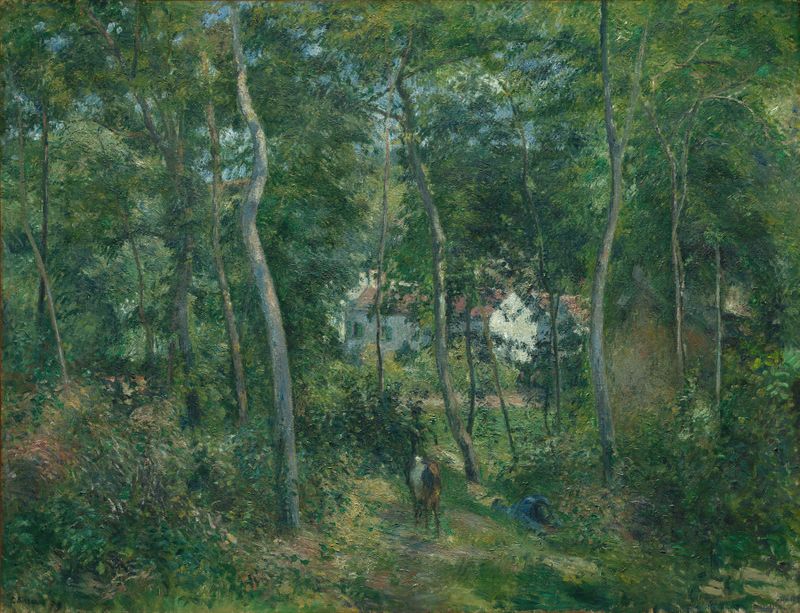 Edge of the Woods Near L’Hermitage, Pontoise de Camille Pissarro, pintura a óleo de uma floresta com luz solar.