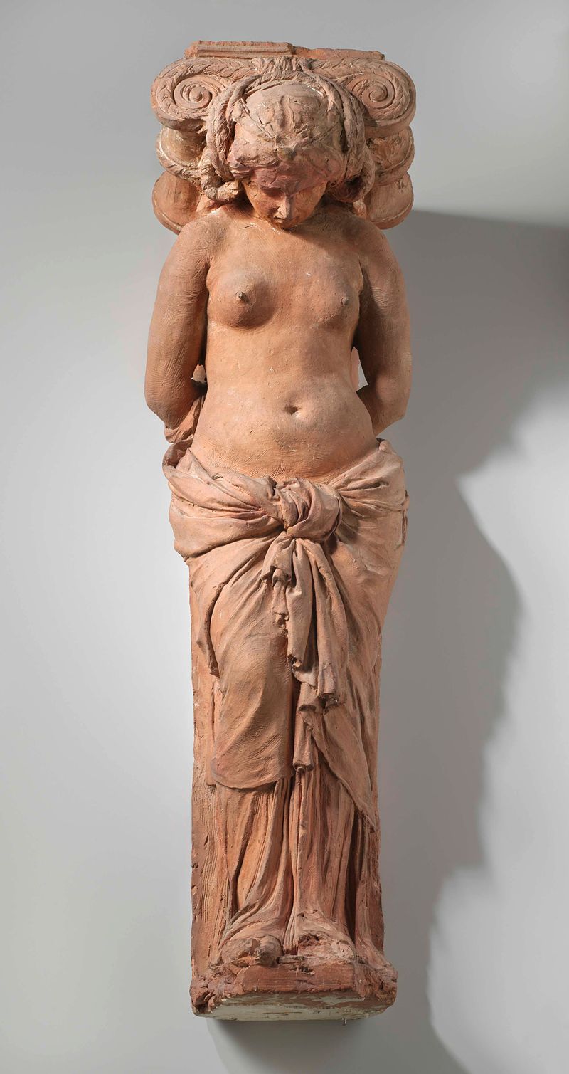 Terracotta sculpture by Artus Quellinus depicting caryatids representing remorse and penance.