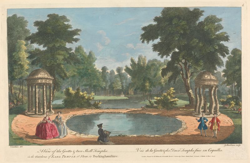 Engraving by George Bickham the Elder depicting a garden with a grotto and shell temples.