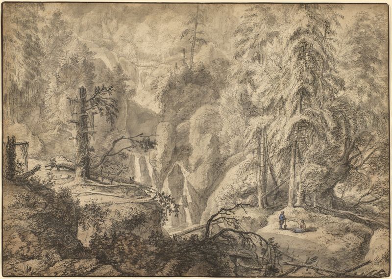 Mountain landscape with peasants near a waterfall, oil painting by Antonie Waterloo