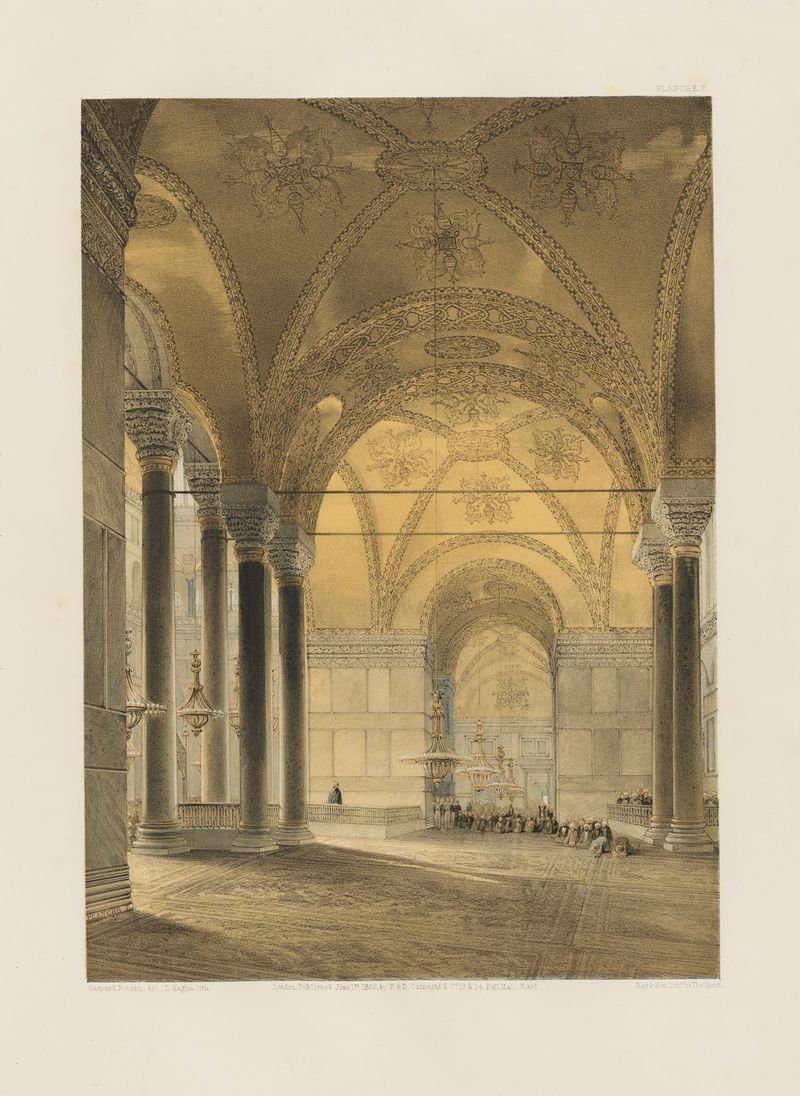 Aya Sofia, Constantinople lithograph by Gaspare Fossati showing a grand dome and intricate windows