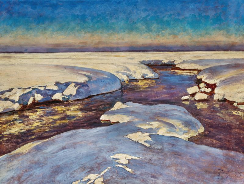 Sunset Over a Snow-Covered Stream by Julian Falat, oil on canvas depicting a serene winter landscape.