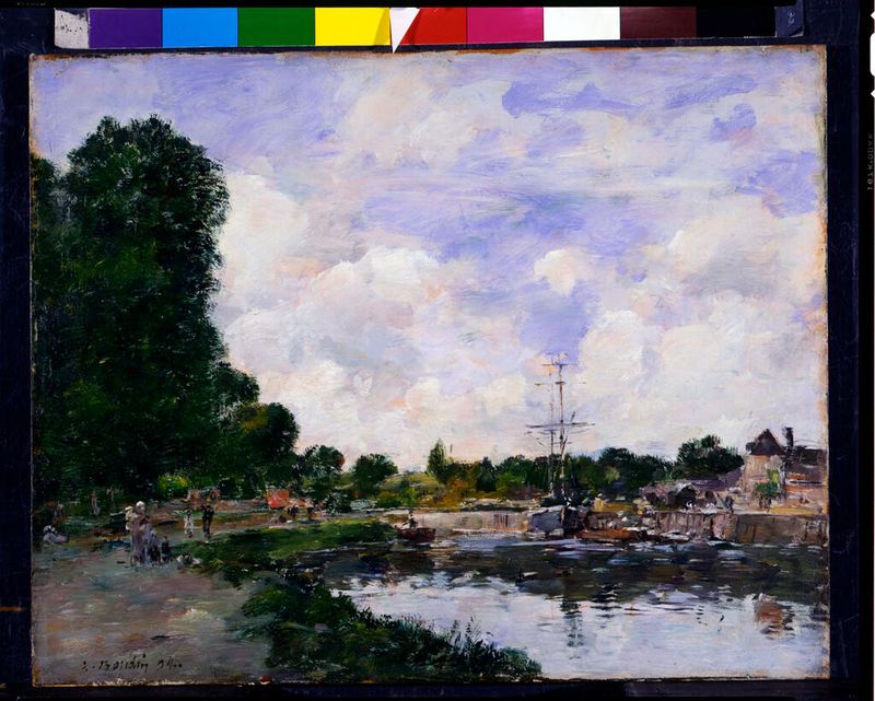 Landscape with a canal under soft light, oil on panel by Louis-Eugène Boudin