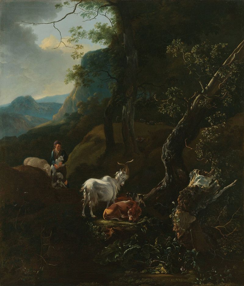 Una pastora con animales en un paisaje montañoso, óleo sobre lienzo de Adam Pynacker.