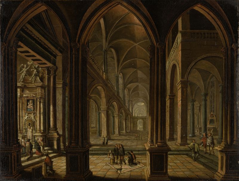 Church Interior by Christian Stöcklin, oil on canvas, featuring stained glass and architectural details.
