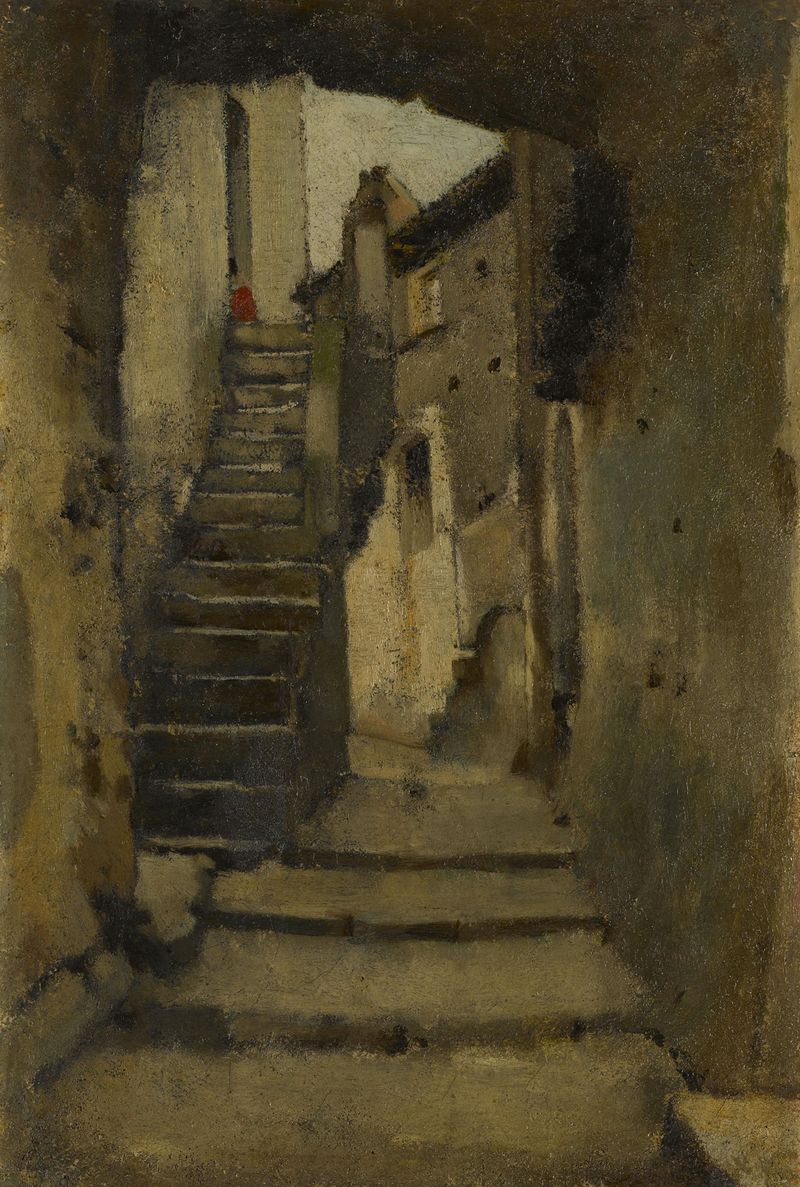 Escalier dans une ruelle à Rome by Jean-Jacques Henner, oil painting depicting a Roman alley with steps and shadows.