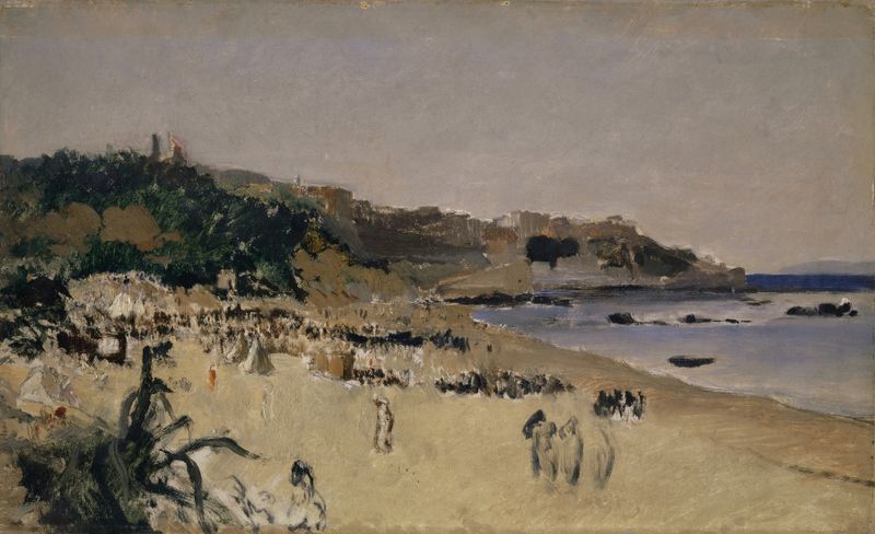 On the Beach at Tangier by Frank Buchser, oil painting depicting figures by the sea