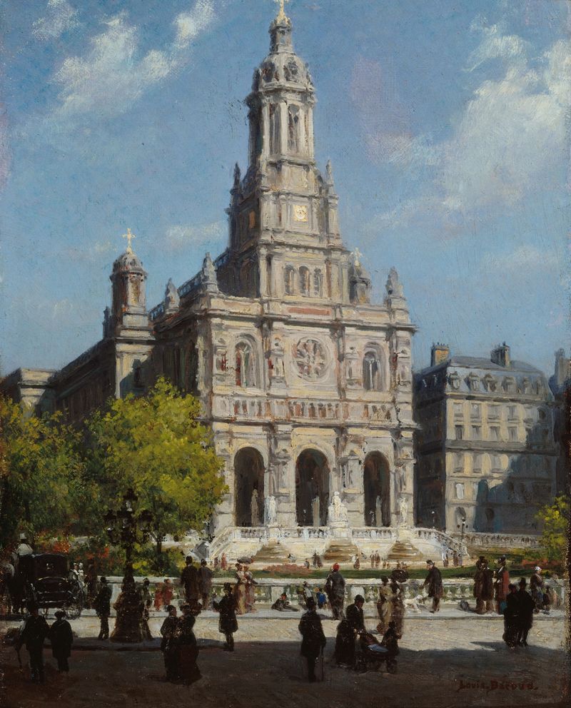 L’église de la Trinité de Louis Béroud, óleo sobre lienzo, representa una iglesia al atardecer con colores ricos.