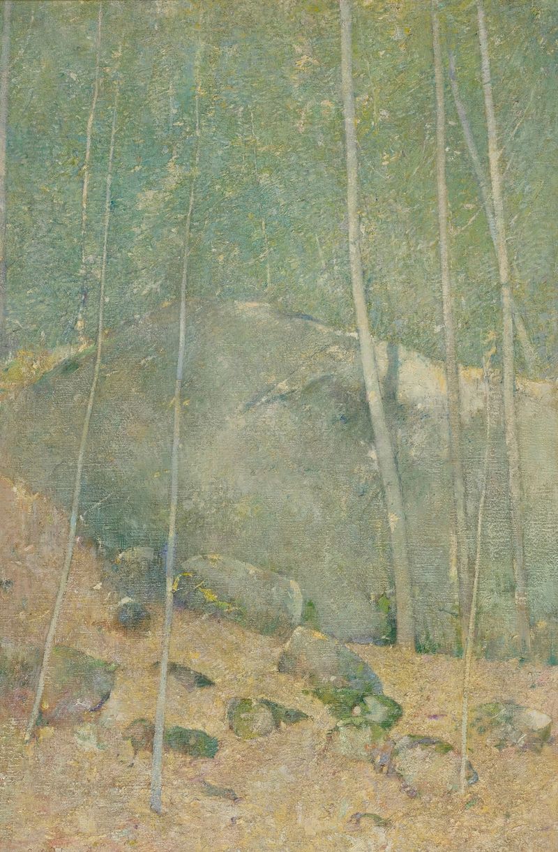 Oil painting by Emil Carlsen depicting a serene forest with soft blue sky.
