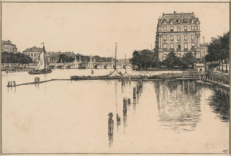 Óleo sobre lienzo de Willem Wenckebach que representa el río Amstel con vibrantes tonos azules y verdes.