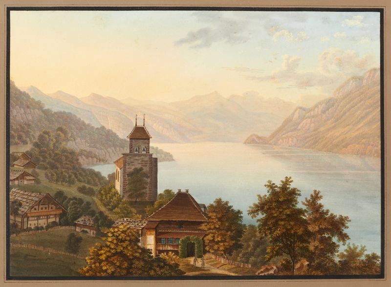 Landscape of a village by Lake Brienz, oil painting by Heinrich Meichelt