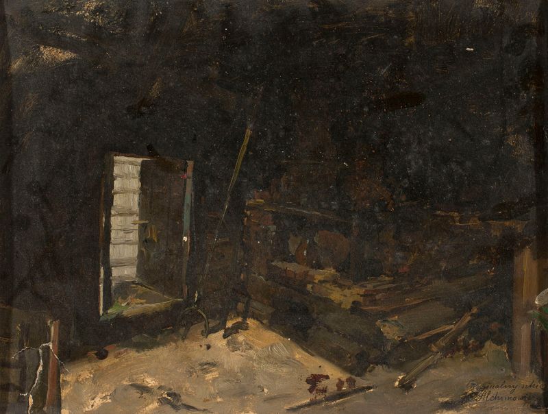 Interior of a peasant cottage, watercolor on paper by Kazimierz Alchimowicz