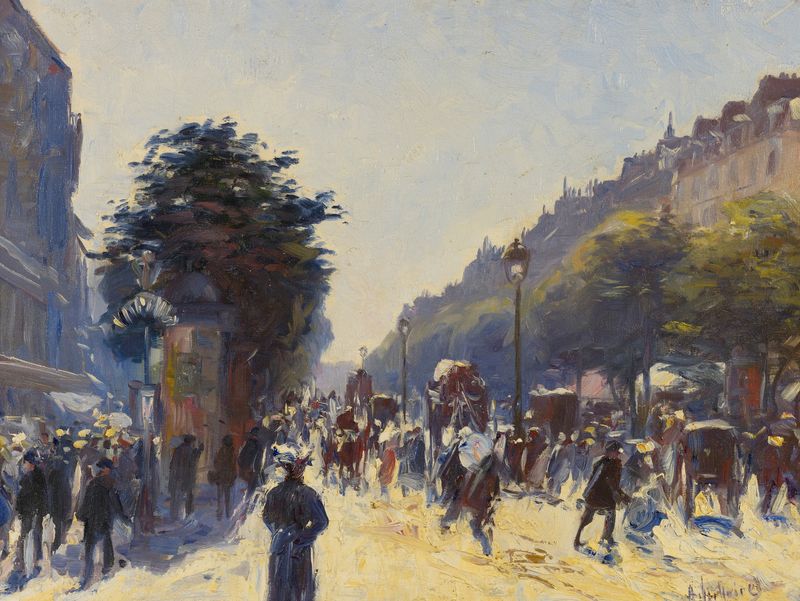 Boulevard Des Italiens, óleo sobre tela de Anatole-Eugène Hillairet, retratando uma paisagem urbana animada.