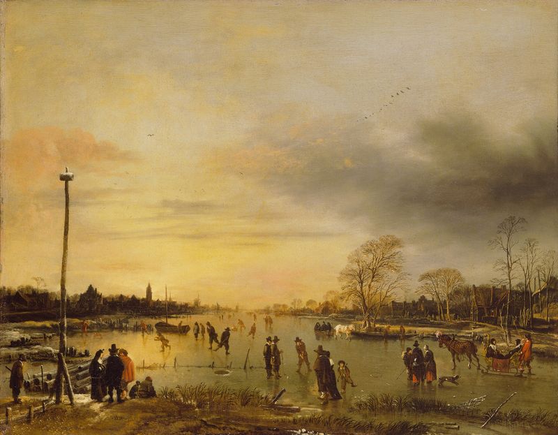 Una escena de patinaje en invierno, óleo sobre lienzo de Aert van der Neer