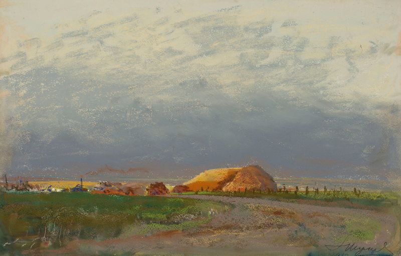 Threshing in Ukraine de Leon Wyczółkowski, realismo, representando trabajadores cosechando trigo