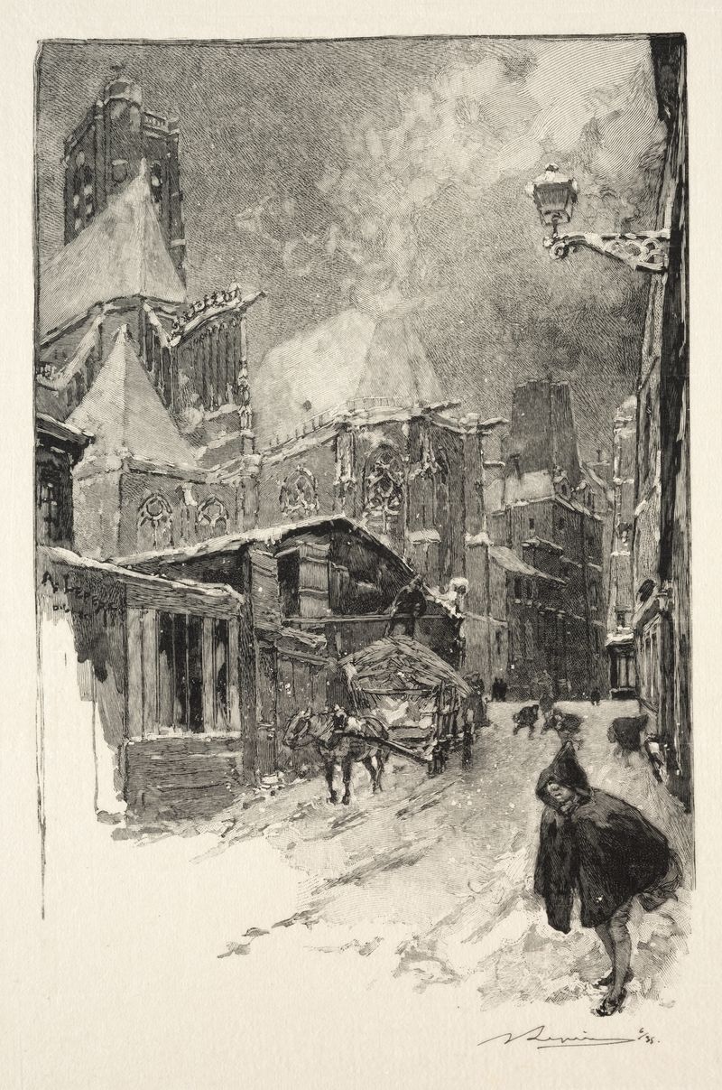 La Rue des Barres, gravura de Auguste Louis Lepère, retratando uma cena urbana animada.