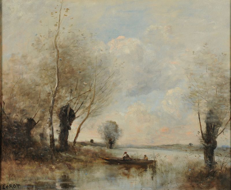 La pêche en barque auprès des saules de Jean-Baptiste-Camille Corot, pintura al óleo de un paisaje de río.
