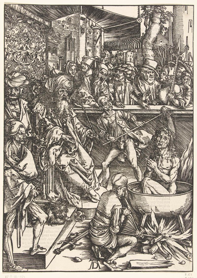 Grabado de Albrecht Dürer que representa el martirio de Juan el Evangelista