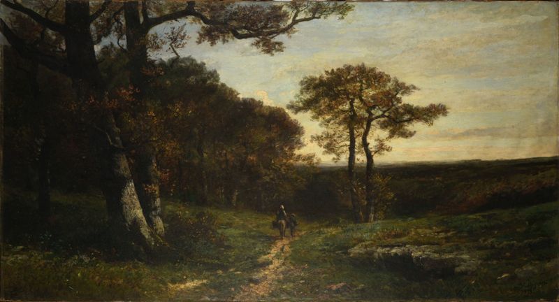 Paisagem florestal com luz do sol, pintura a óleo de Louis-Auguste Auguin