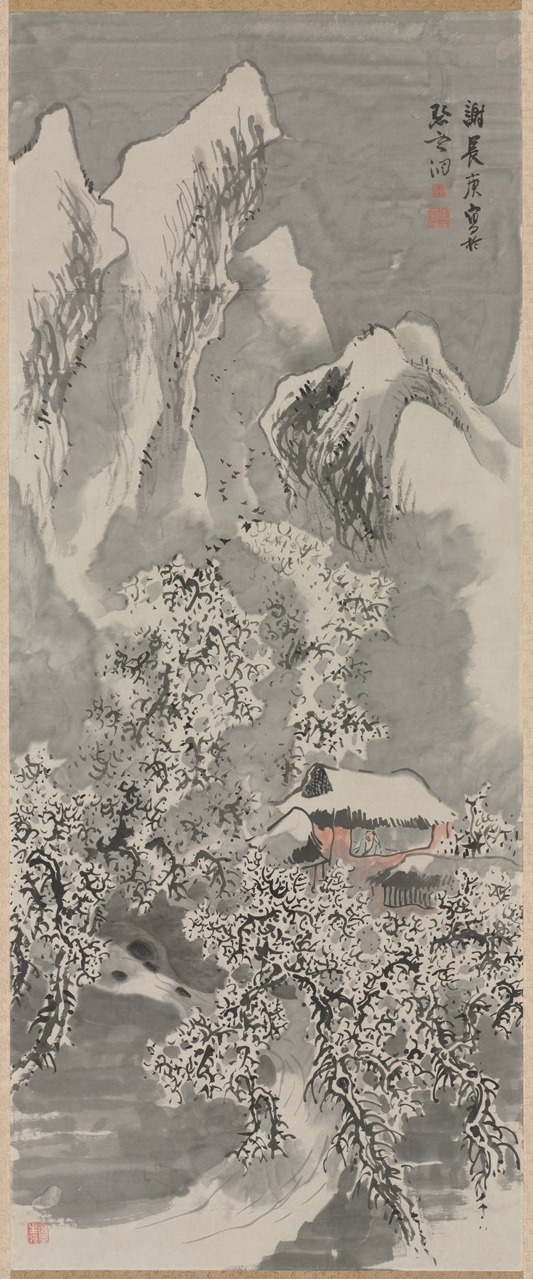 Snow landscape by Yosa Buson, Ukiyo-e, depicting a serene winter scene with soft snow undulations.
