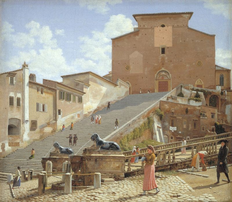 Os Degraus de Mármore que levam à Igreja de Santa Maria in Aracoeli em Roma, pintura a óleo de Christoffer Wilhelm Eckersberg