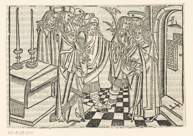 De bloeiende staf van Jozef, paper by Master of Delft, features a blossoming staff with vibrant flowers.