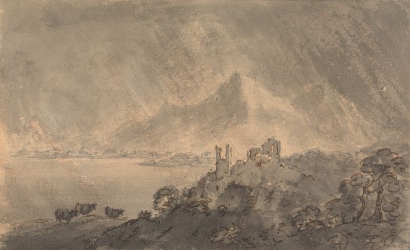 Castillo sobre un lago con montaña lejana bajo un cielo tormentoso, óleo sobre lienzo de William Gilpin
